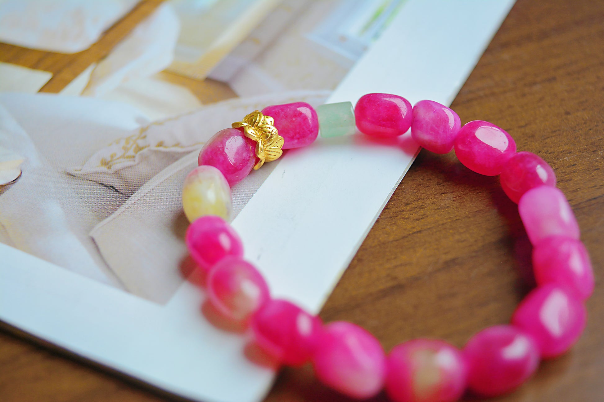 Dawn Petals|Deep Pink Jade & Aventurine Bracelet
