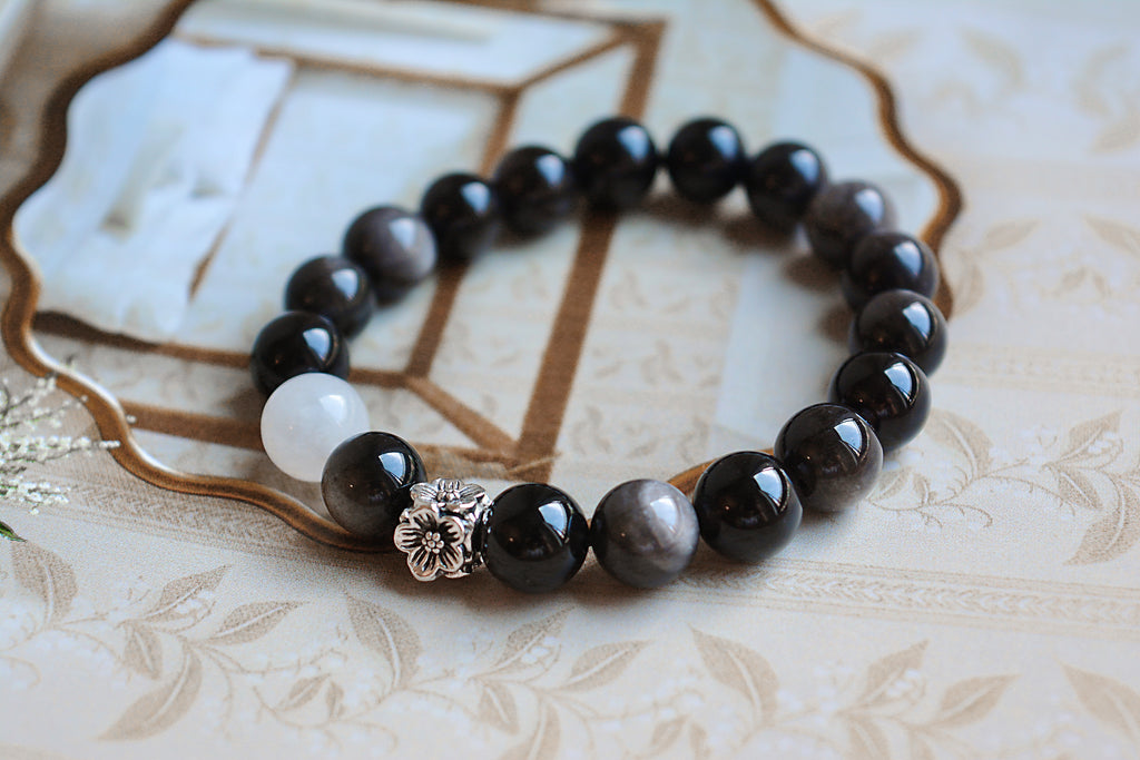 Silent Grove | Silver Obsidian & White Jade Bracelet