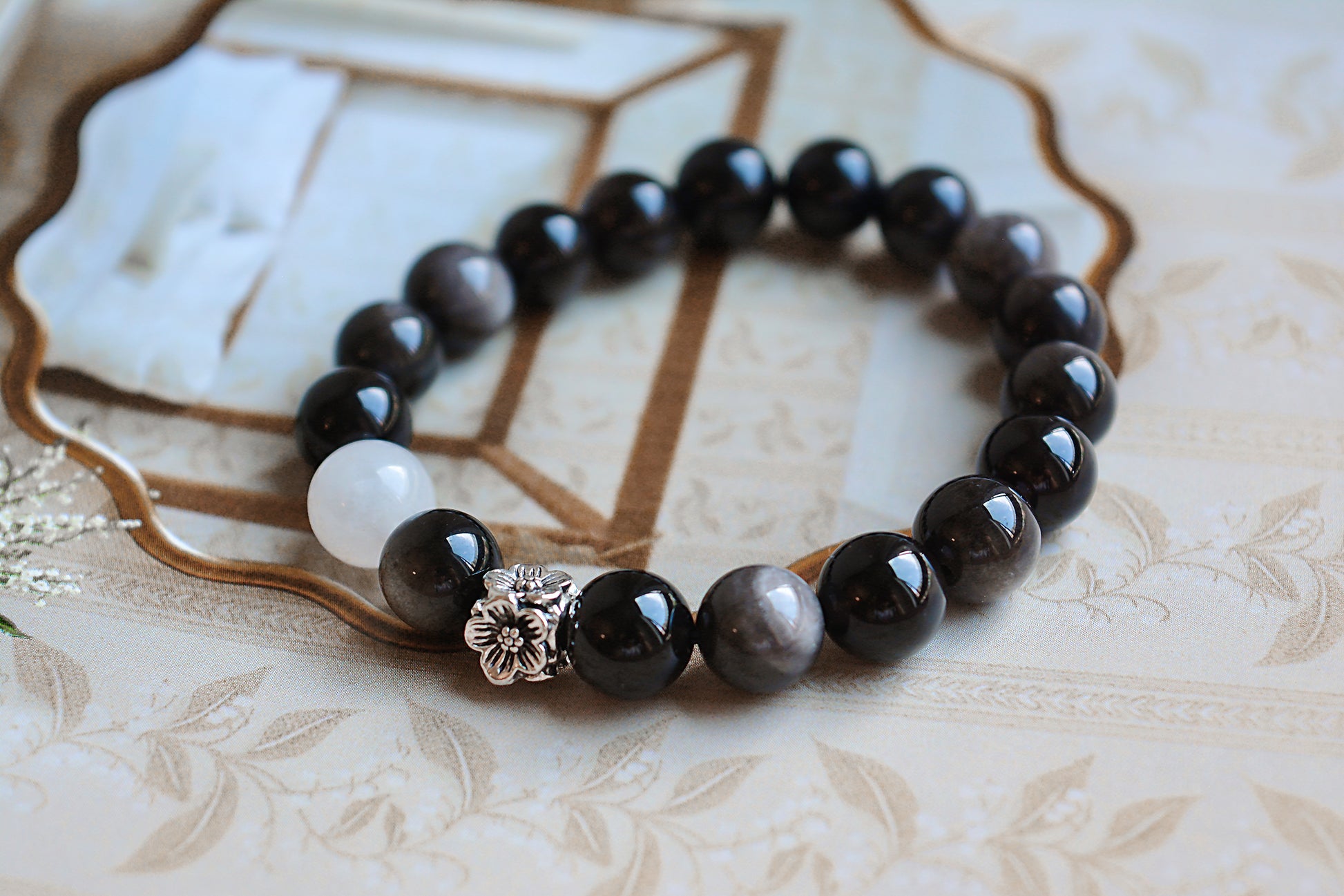 Silent Grove | Silver Obsidian & White Jade Bracelet