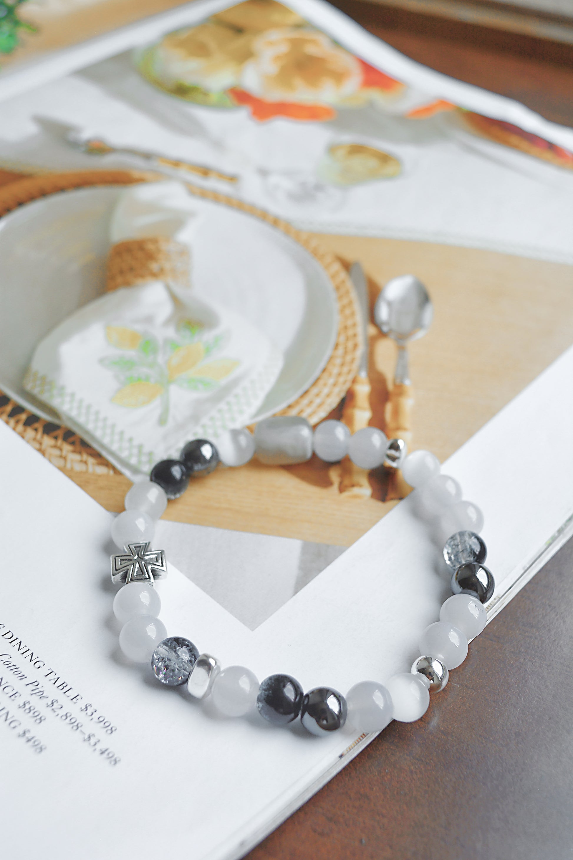 Midnight Cross | Black-White Faux Jade Men's Bracelet
