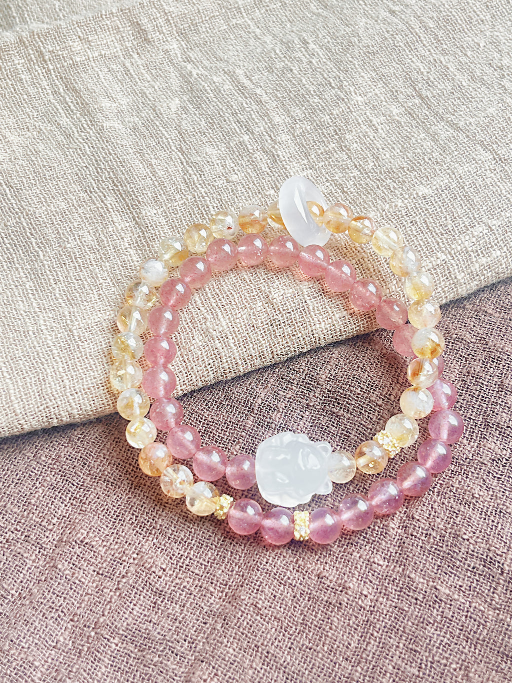 Whispering Tails | Dual-Layer Bracelet with Strawberry Quartz, Citrine, and Agate Fox