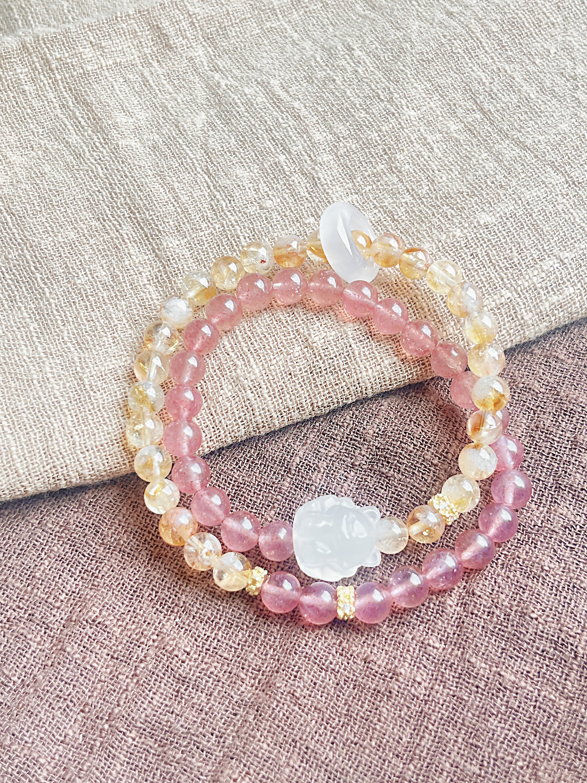 Whispering Tails | Dual-Layer Bracelet with Strawberry Quartz, Citrine, and Agate Fox