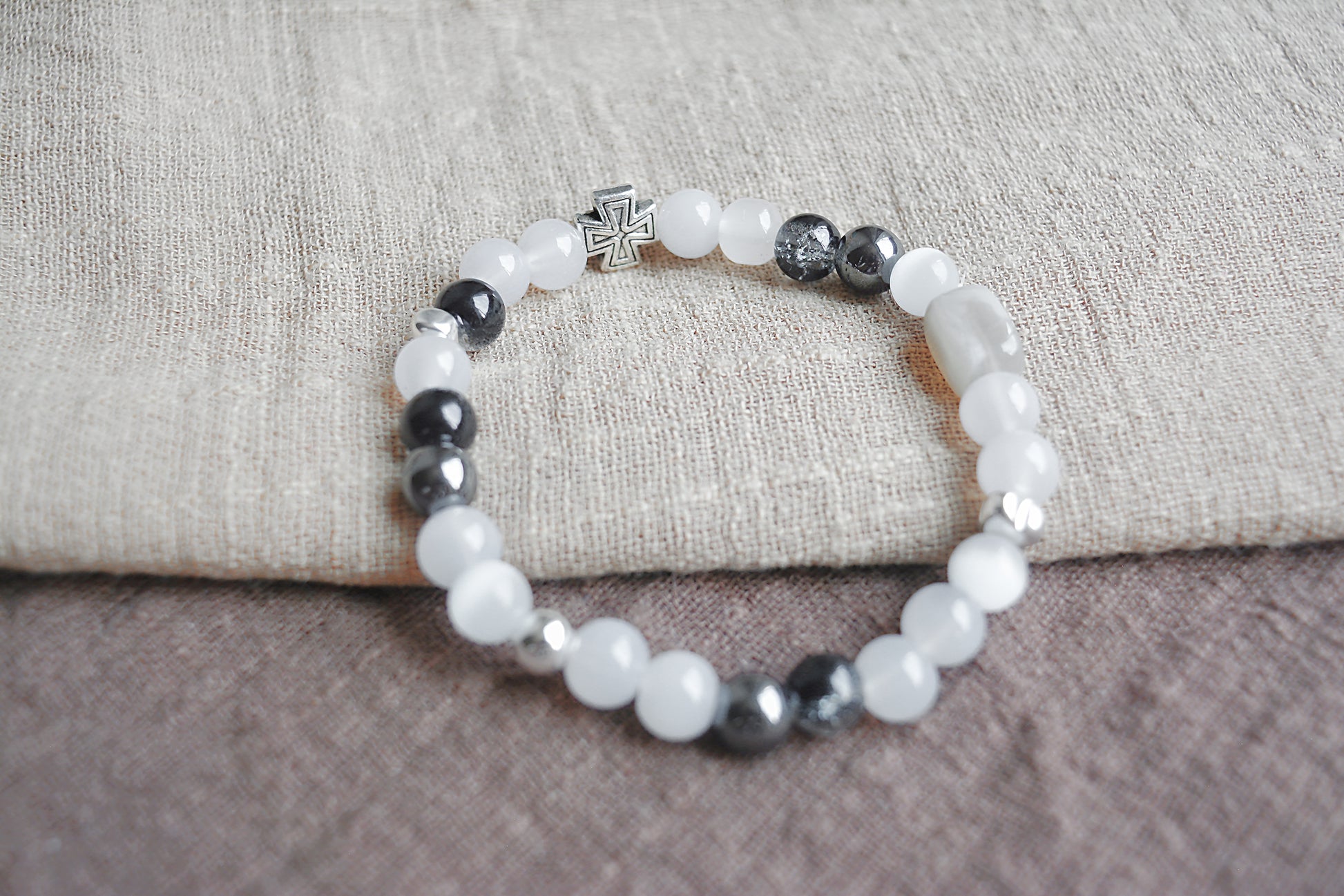 Midnight Cross | Black-White Faux Jade Men's Bracelet