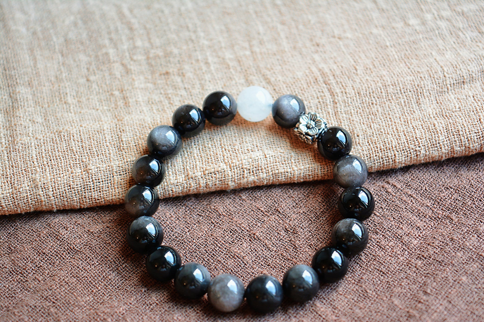 Silent Grove | Silver Obsidian & White Jade Bracelet