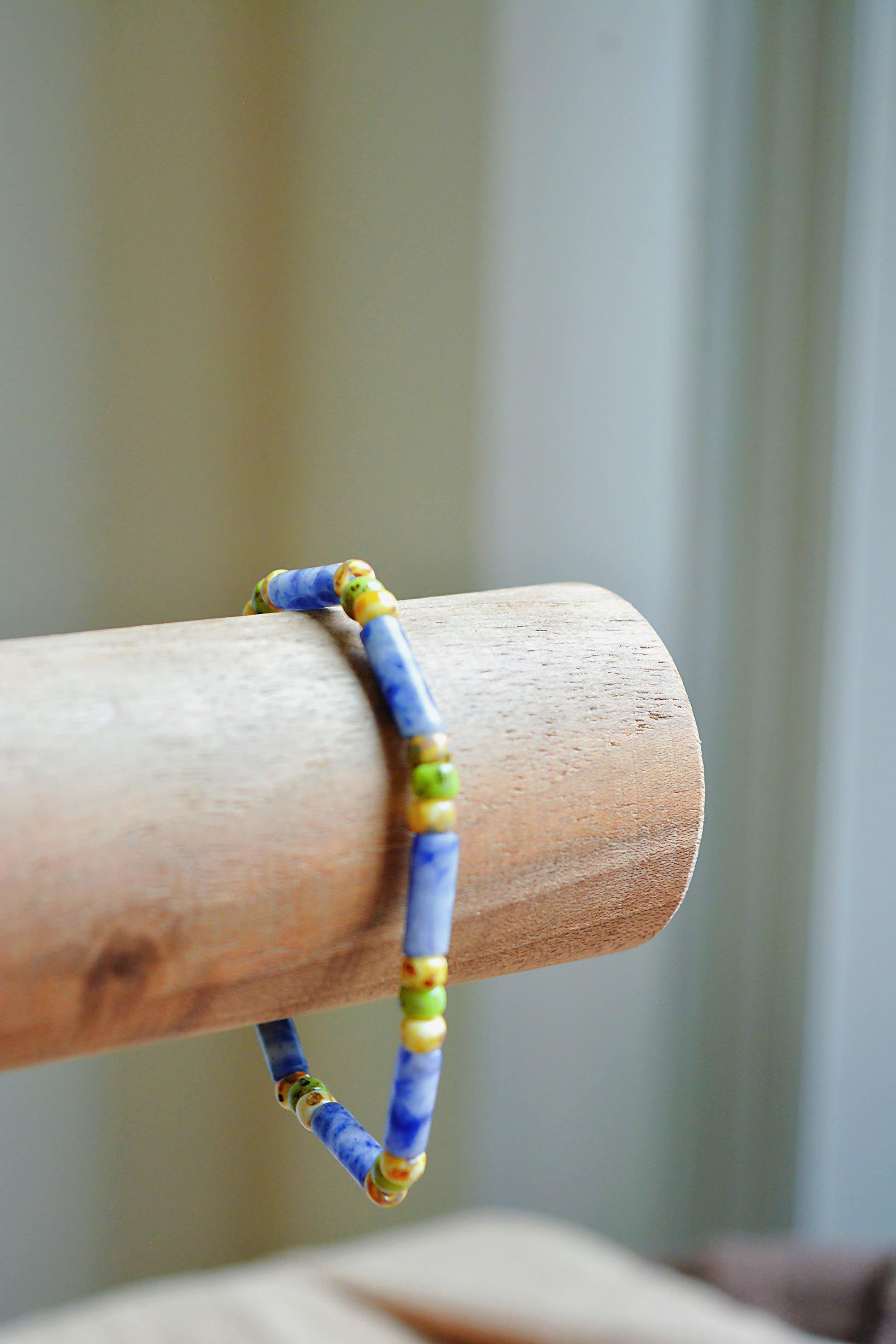 Traces of Sunlight | Picasso Beads & Blue-White Cylinder Bracelet