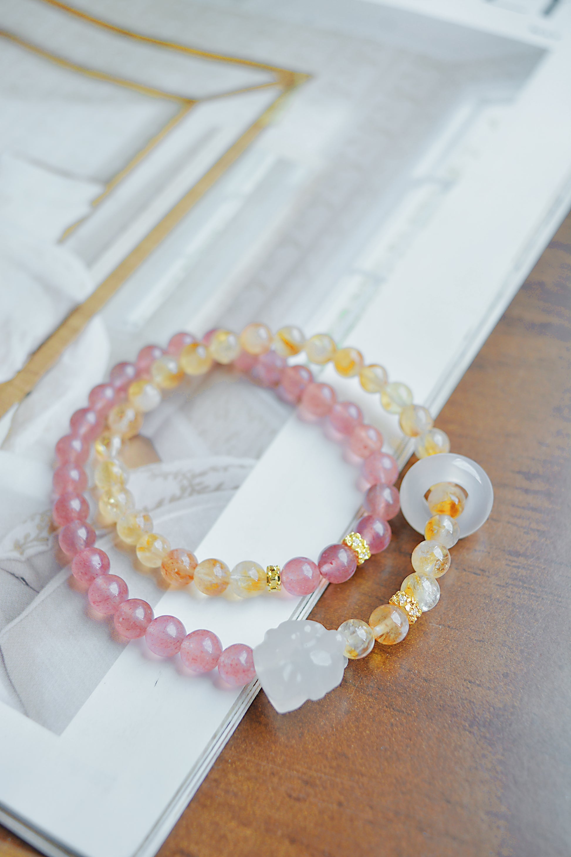 Whispering Tails | Dual-Layer Bracelet with Strawberry Quartz, Citrine, and Agate Fox